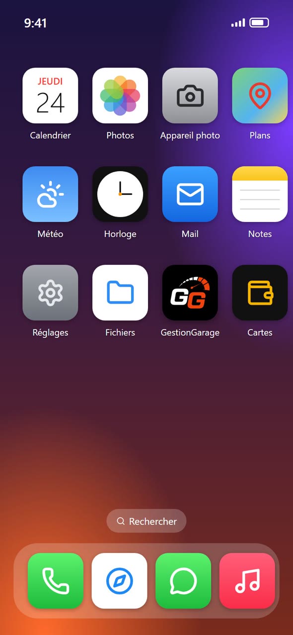 Écran d'accueil d'un téléphone avec l'application GestionGarage