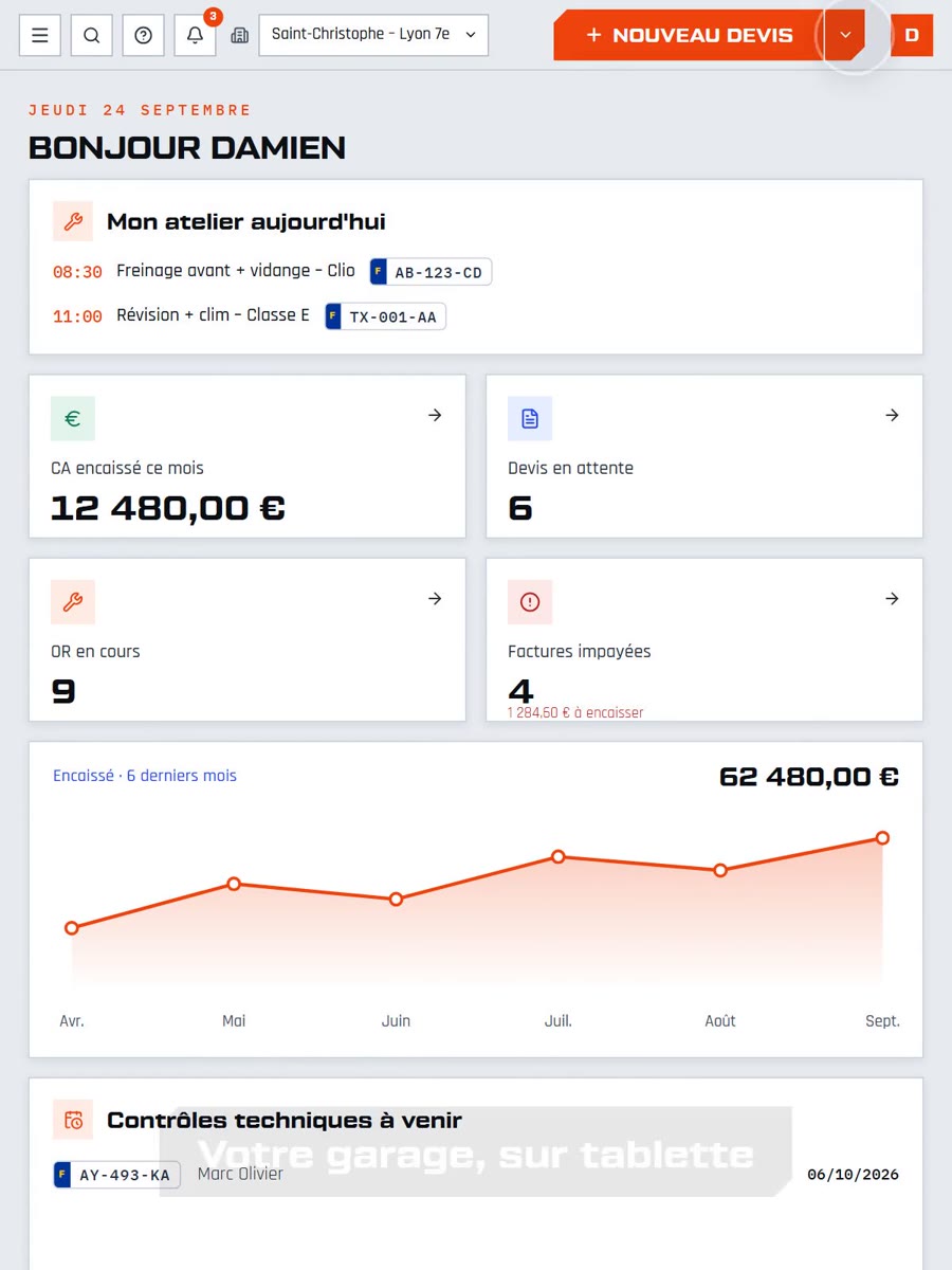 Tableau de bord du logiciel GestionGarage